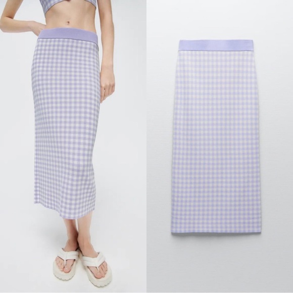 Zara Gingham Knit High Waist Midi Skirt Small - Picture 1 of 7